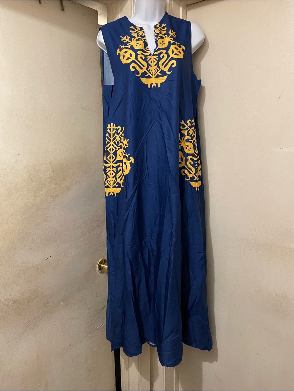 Blue Yellow Geometric Print V-Neck Sleeveless Long Maxi Dress Size S